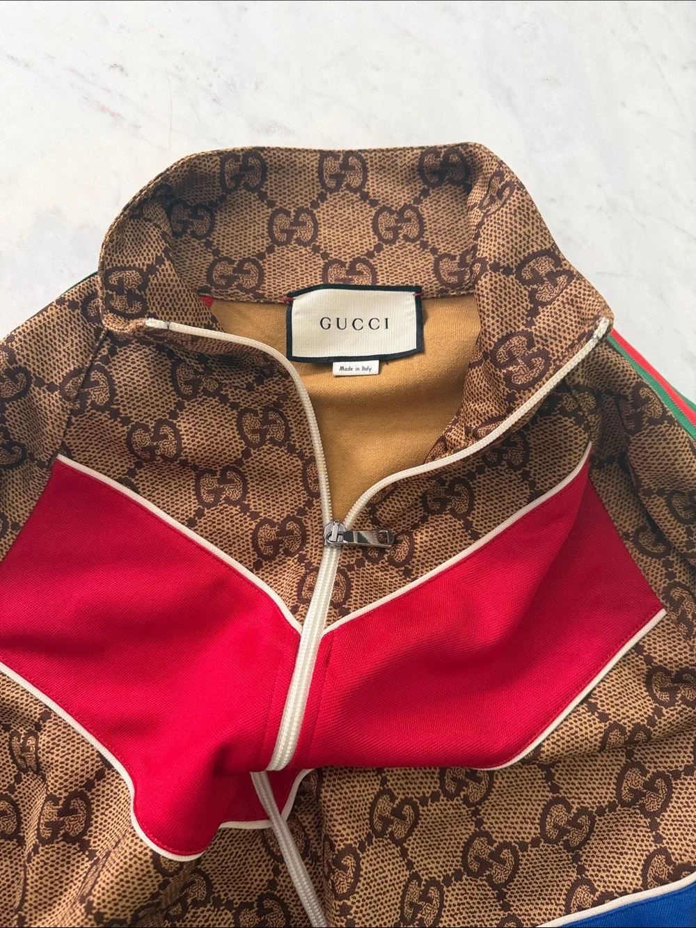 Gucci Brown Monogram Bomber Jacket with Red & Blue Chevrons